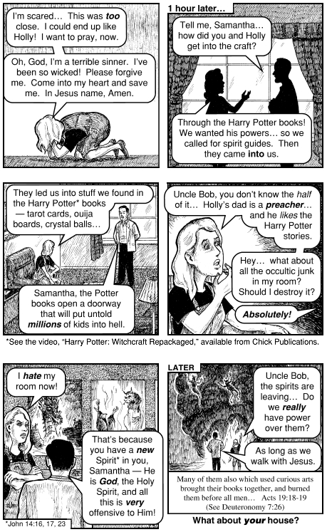 One evangelical tract by Jack Chick, "The Nervous Witch," attempts to condemn secular dark magic. In response it advocates Christian white magic.